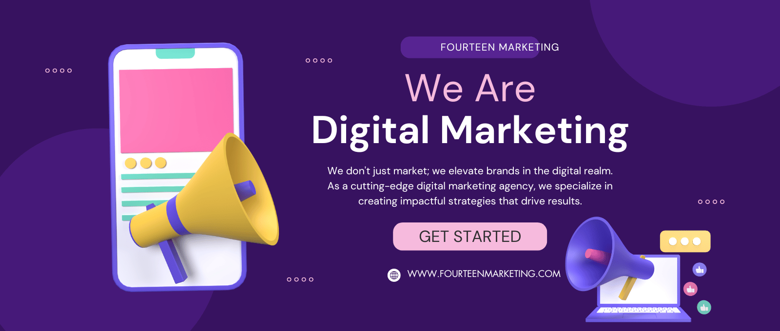 Purple and Pink 3D Illustrative Modern Digital Marketing Agency Banner (1600 x 680 px)